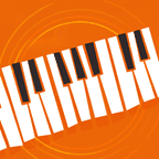Stilisierte Klaviertasten auf einem orangen Hintergrund.