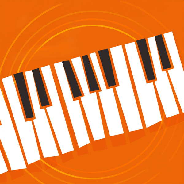 Stilisierte Klaviertasten auf einem orangen Hintergrund.