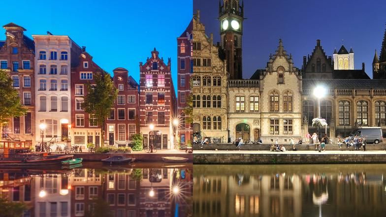 Zwei frontale Aufnahmen von Häuserfassaden aus Amsterdam, Niederlande (links) und Ghent, Belgien (rechts) sind nebeneinander montiert.
