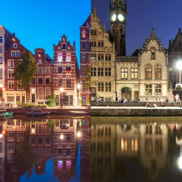 Zwei frontale Aufnahmen von Häuserfassaden aus Amsterdam, Niederlande (links) und Ghent, Belgien (rechts) sind nebeneinander montiert.