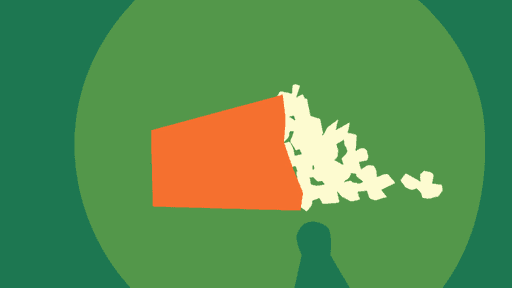 Eine grafische Darstellung zeigt eine orangene Packung Popcorn auf grünem Grund.