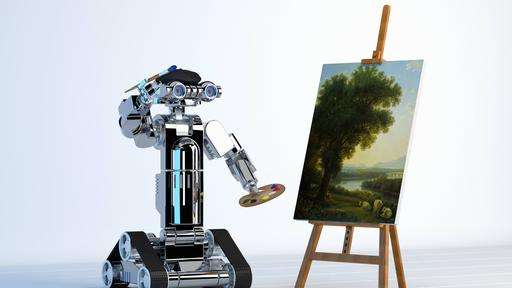 Roboter-Maler malt auf einer Leinwand