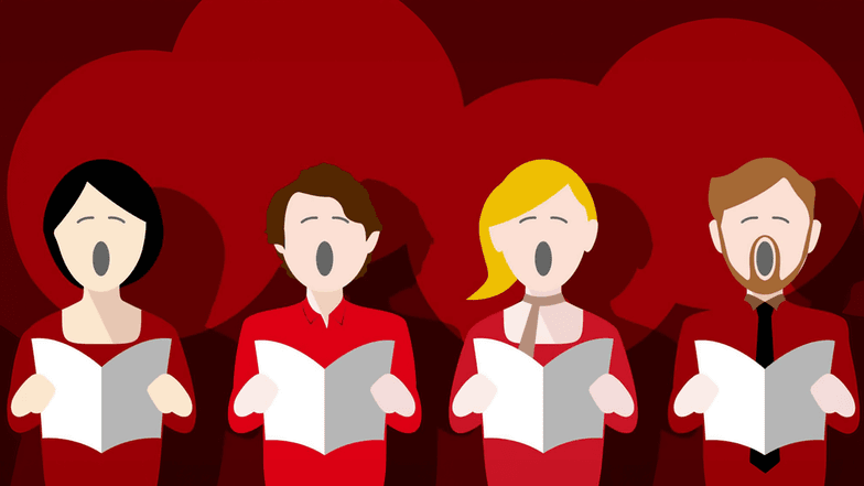Grafik, die vier singende menschliche Figuren vor rotem Hintergrund darstellt.