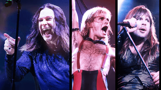 Porträts von Ozzy Osbourne, David Lee Roth, Bruce Dickinson und Alice Cooper.