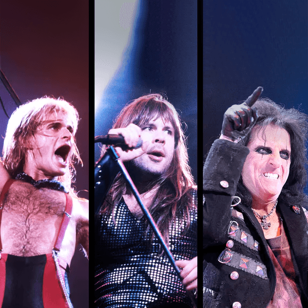 Porträts von Ozzy Osbourne, David Lee Roth, Bruce Dickinson und Alice Cooper.