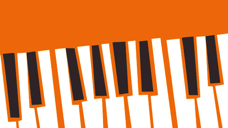 Stilisierte Klaviertasten auf einem orangen Hintergrund.