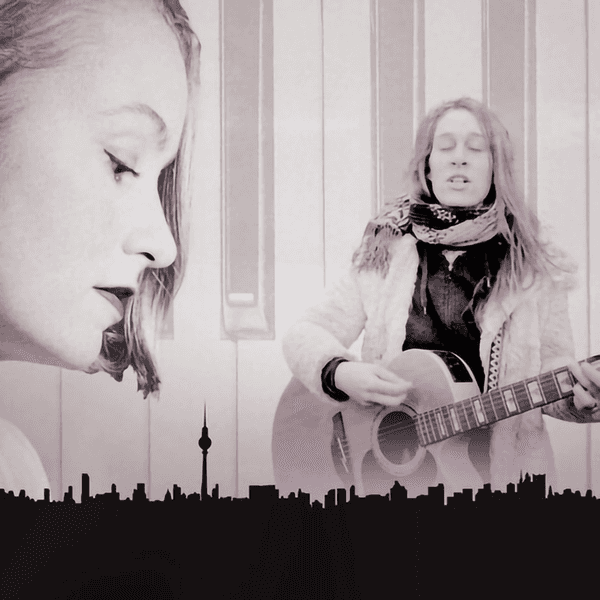 Fotomontage: Inger Nordvik und Elen mit Gitarre über schwarzer Silhouette von Berlin